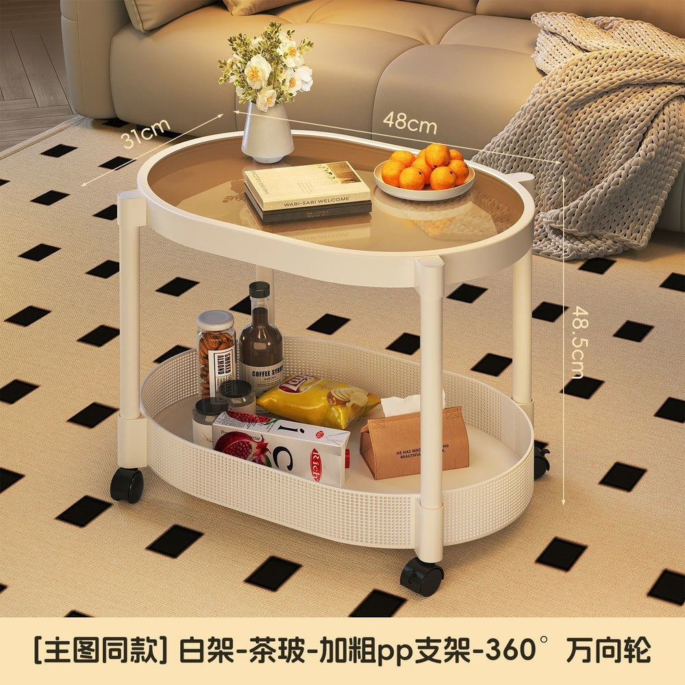 Small apartment mobile oval cream coffee table, sofa side table, small table, living room storage and snack cart