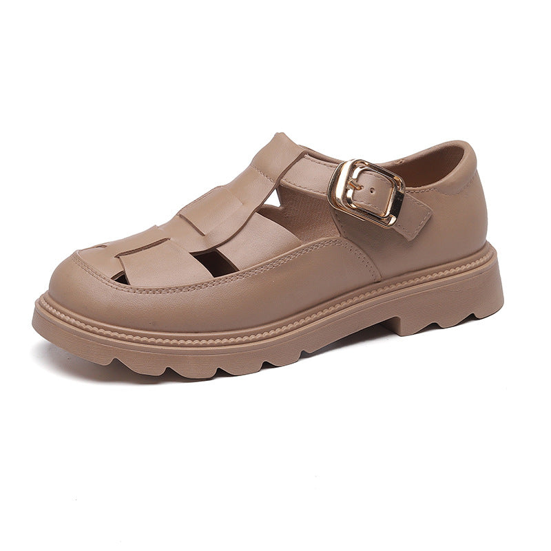 Roman sandals women's 2023 summer flats thick sole british style woven women's shoes toe cap cut out pig cage shoes low heel