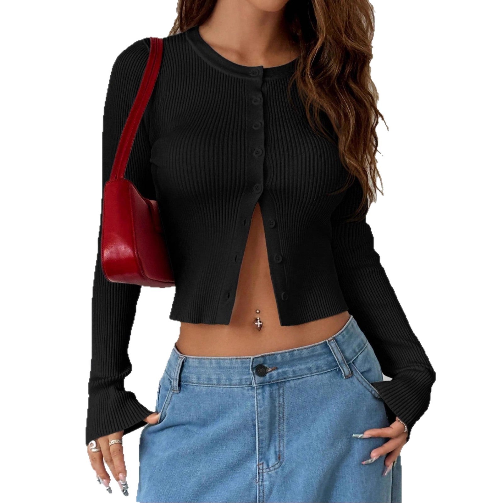 European and American   spring and autumn new horn long-sleeved knitted cardigan shirt versatile elastic slim-fitting top