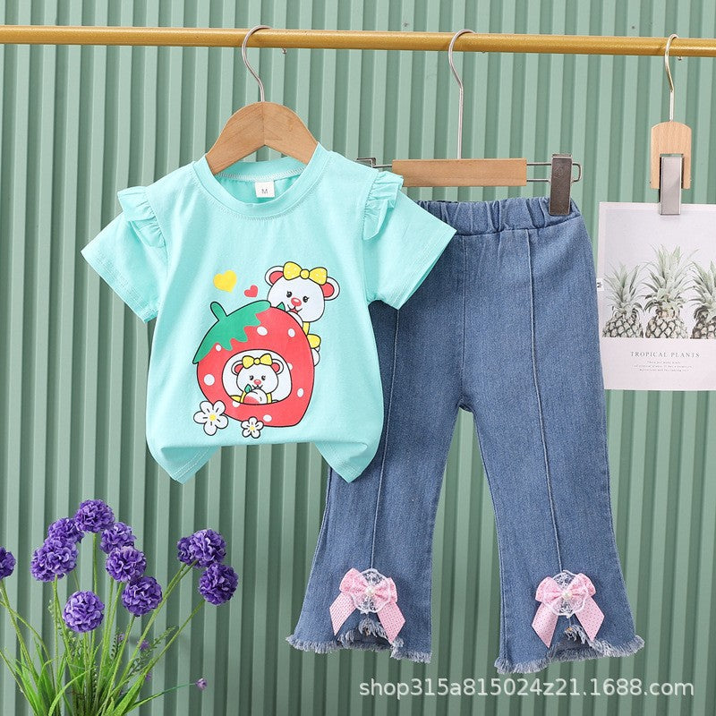 New girls' summer outfit: cartoon cute pattern short-sleeve top + bowknot denim shorts two-piece set - wholesale