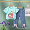 New girls' summer outfit: cartoon cute pattern short-sleeve top + bowknot denim shorts two-piece set - wholesale