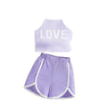 Summer kids' tank top set - vertical striped purple letter print sporty style - girls' solid color shorts two-piece outfit