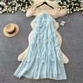 French sleeveless tiered a-line dress - women's summer design, high-waisted ruffle hem, rose red maxi dress