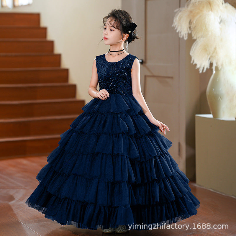 European and american custom girls' formal dress - deep v-back, puffy princess style, children's cake dress, ages 3-6