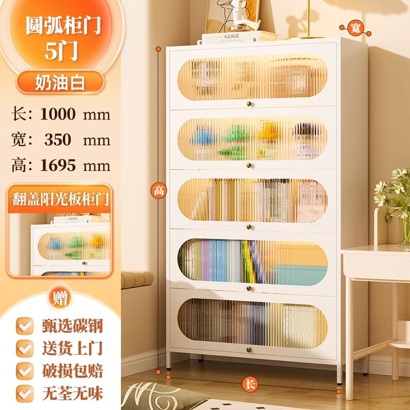 Steel bookcase french style home with door dustproof children's multi-layer iron art flip-top bookshelf living room storage rack