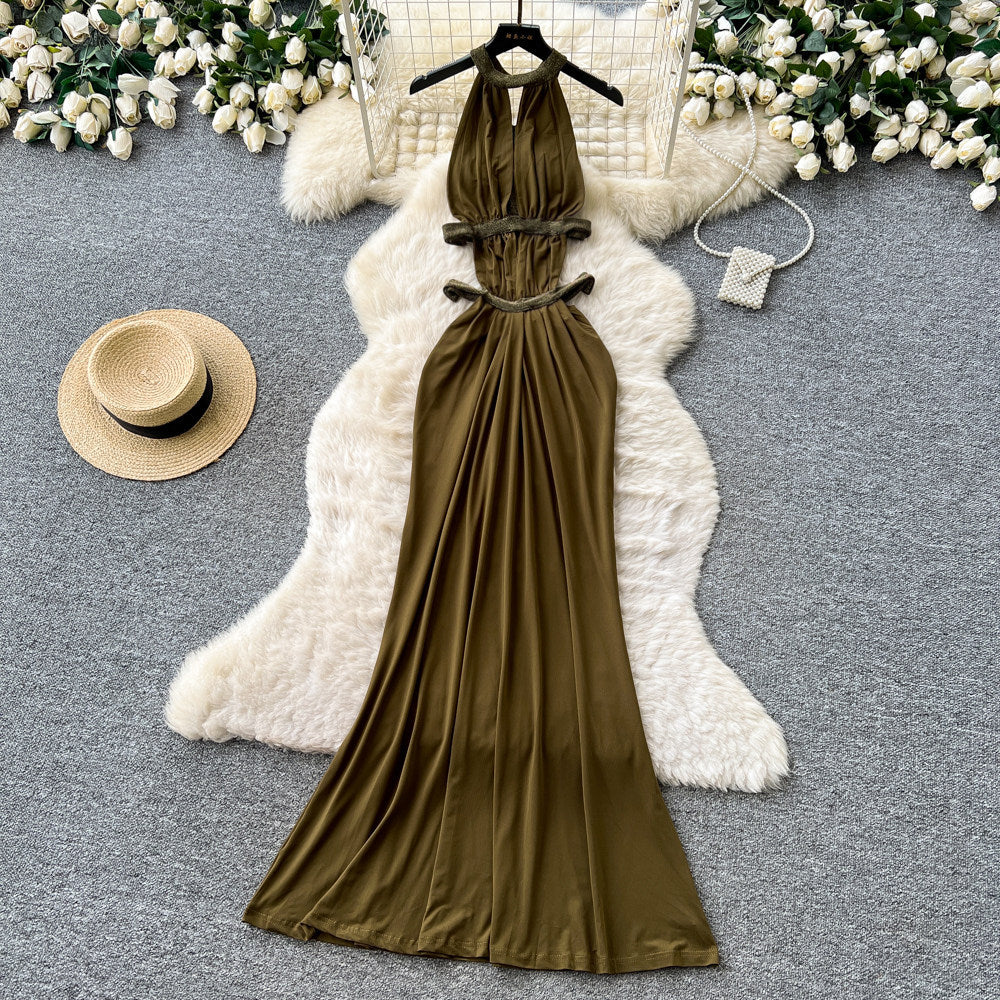 Accessible luxury halter sleeveless sexybacklesselegancedress women's summer hot girl waist slimming sexy vacation style long skirt