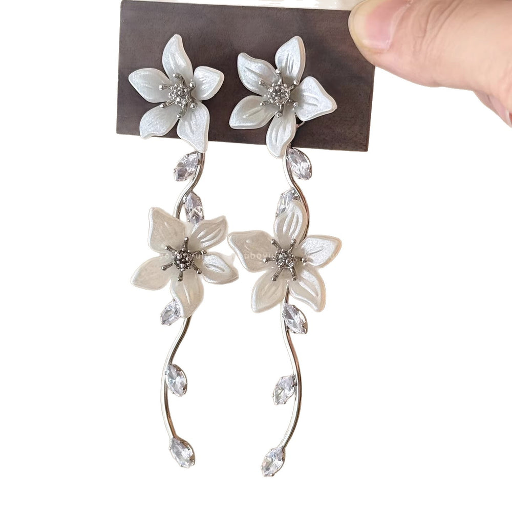 Gentle french floral zircon long tassel earrings - women's chic beach vacation style unique dangle earrings