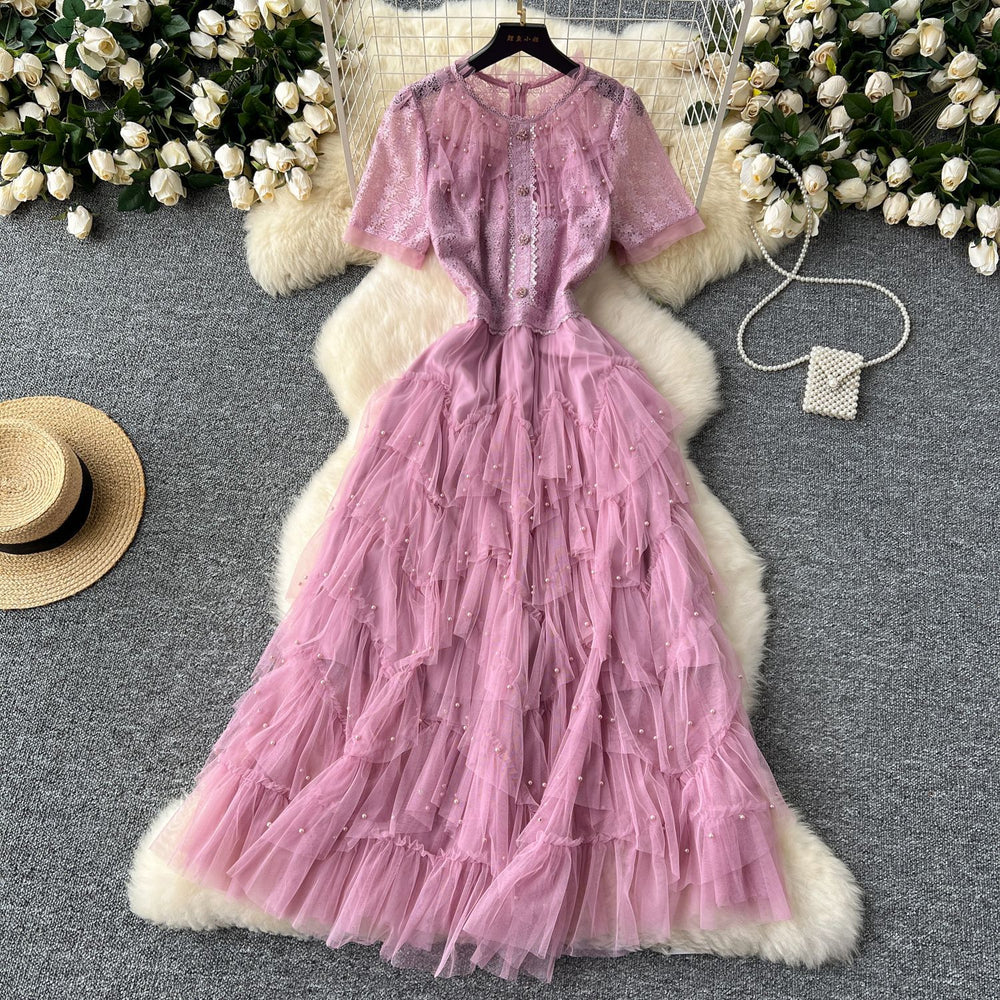 French chic high-end mini dress - women's exquisite beaded & embroidered short-sleeve, slim-fit, flattering, and fluffy tulle dress