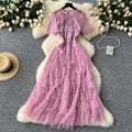 French chic high-end mini dress - women's exquisite beaded & embroidered short-sleeve, slim-fit, flattering, and fluffy tulle dress