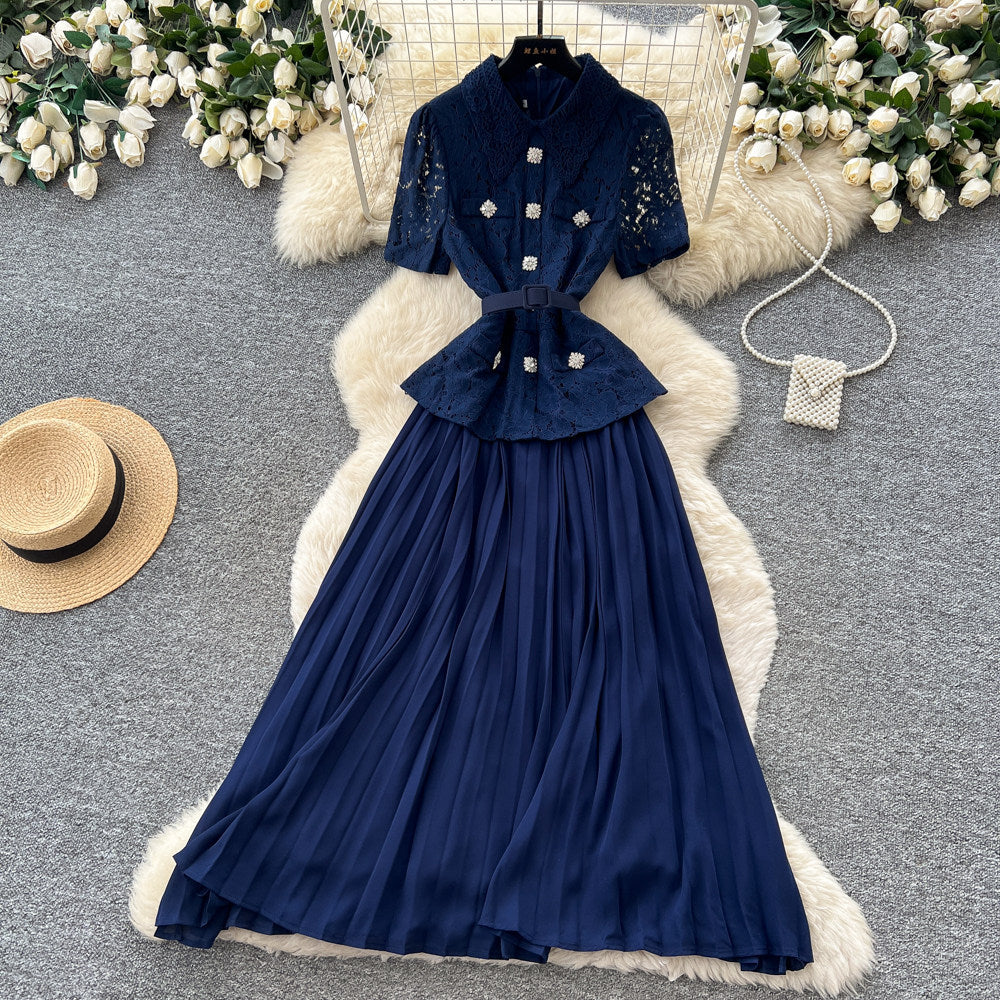 French chic yellow turn-down collar lace patchwork dress - women's summer elegant commute pleated maxi dress