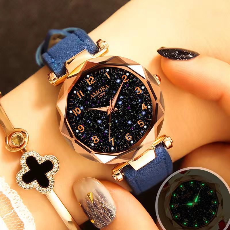 New wholesale women's watches, fashionable and trendy digital face ladies' student starry sky dial quartz wristwatch with leather strap