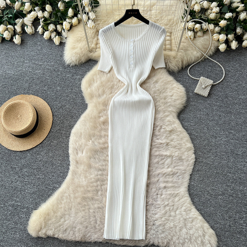 K-styleknittingcasual pure desire style dress women's summer short-sleeved waist silm a-line long skirt light mature elegance style