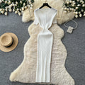 K-styleknittingcasual pure desire style dress women's summer short-sleeved waist silm a-line long skirt light mature elegance style