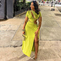 European and american style cross-border elegant women's fashion hollow-out slit socialite irregular skirt round neck solid color pleated dress