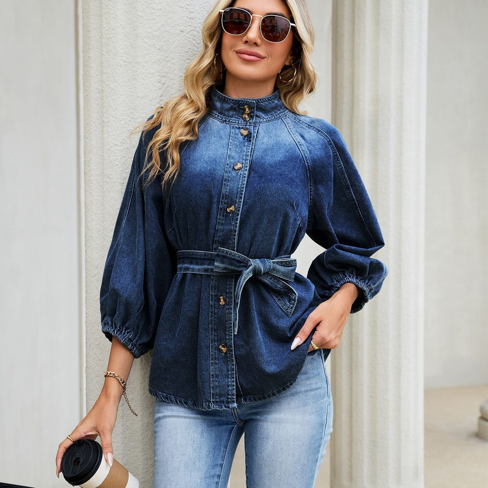 Fashion cross-border foreign trade  new stand-up collar lantern three-quarter sleeves with built-in belt waist style single-breasted top