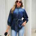 Fashion cross-border foreign trade  new stand-up collar lantern three-quarter sleeves with built-in belt waist style single-breasted top
