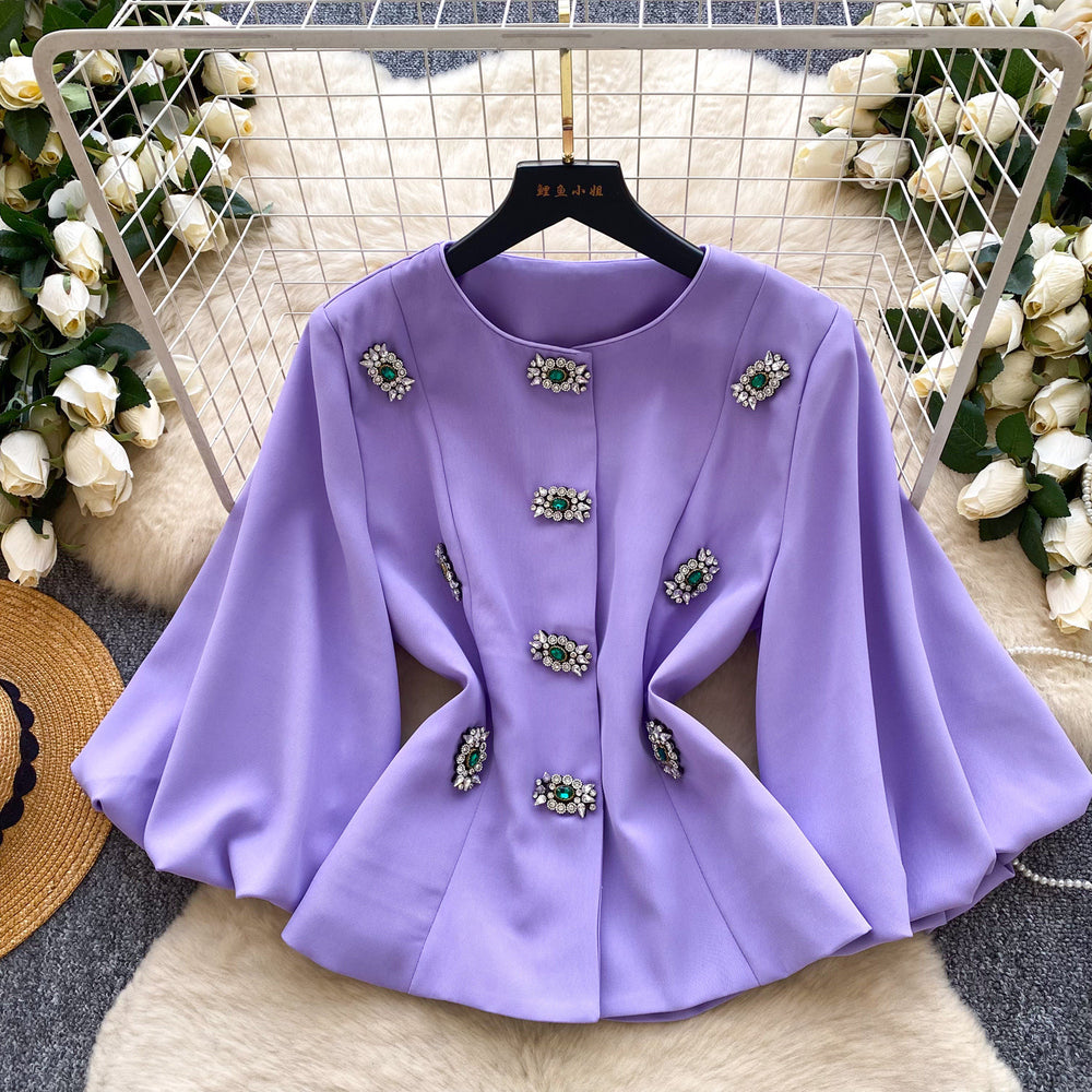 Xiaoxiangfeng celebrityclassy heavy industry diamond round neck lantern sleeve waist outwear women's autumfrencheasiest for matchtops