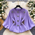 Xiaoxiangfeng celebrityclassy heavy industry diamond round neck lantern sleeve waist outwear women's autumfrencheasiest for matchtops