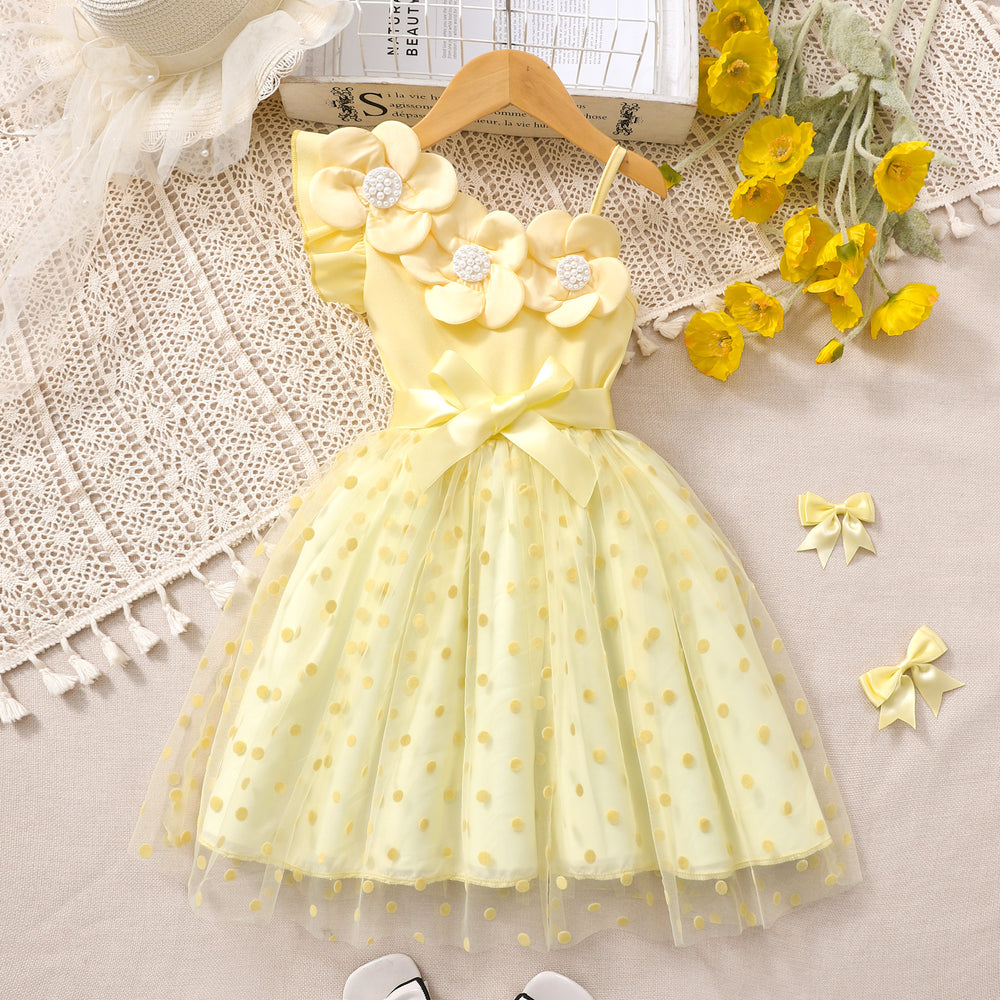 Girls' dress for toddlers and young children, 3d floral appliqué polka dot mesh dress