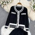 Fashionsuit women's round neck contrast color single breasted knittingcardiganoutweartwo-piece sethigh waistslimming lookstraight-legloose pants