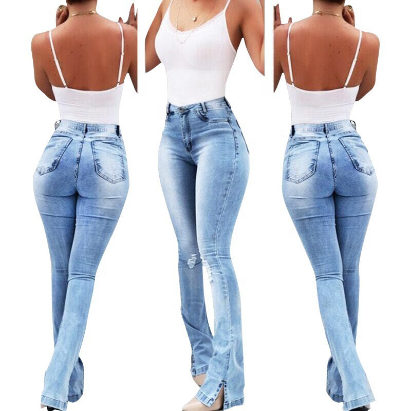 fashion  spring new  fashion stretch slit flare high waistjeans women's pants