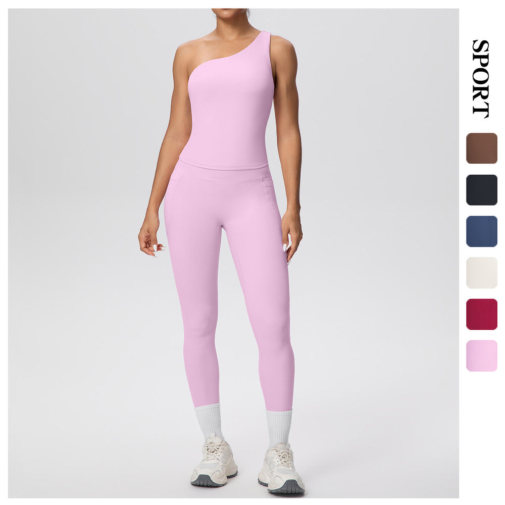 Sexy one-shoulder activewear set: high-waisted, figure-hugging leggings with pockets - perfect for outdoor leisure, running, fitness, and yoga