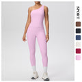 Sexy one-shoulder activewear set: high-waisted, figure-hugging leggings with pockets - perfect for outdoor leisure, running, fitness, and yoga