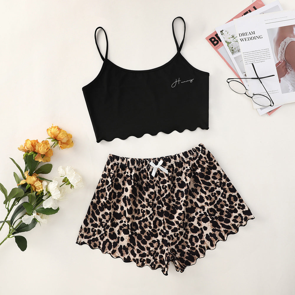 New "honey" letter print cami top and leopard print shorts loungewear set