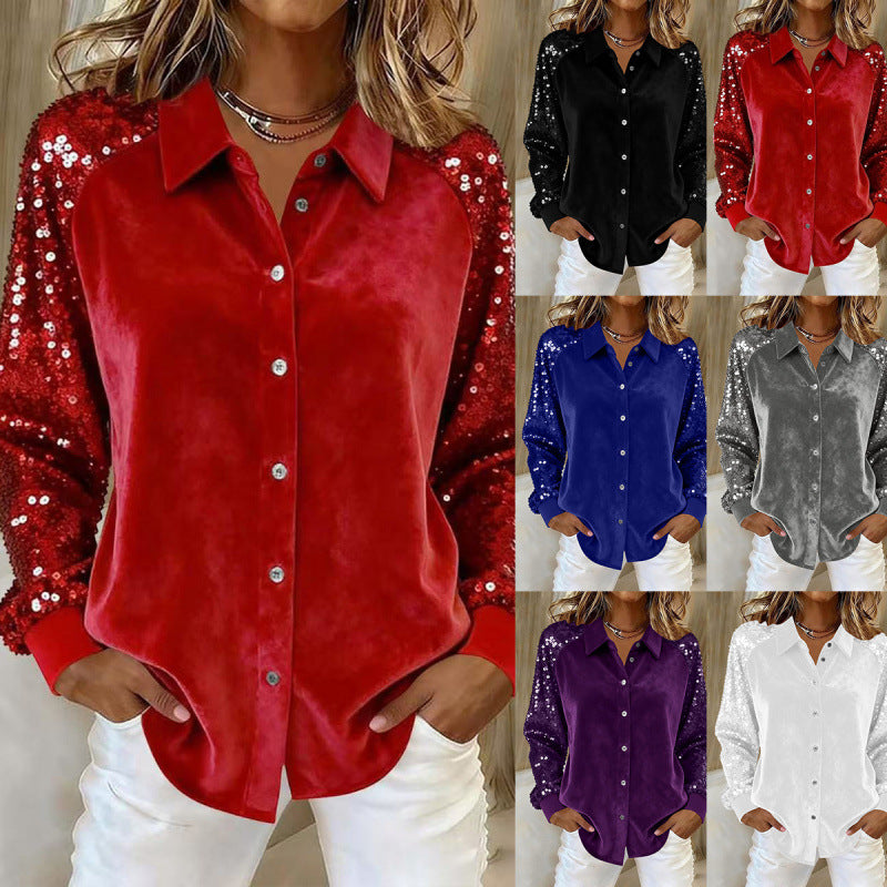 new arrival: gold velvet patchwork sequin long-sleeve shirt