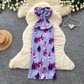 French riviera style purple floral print bandeau dress - women's summer sleeveless high-waisted a-line dress - sexy & chic outfit