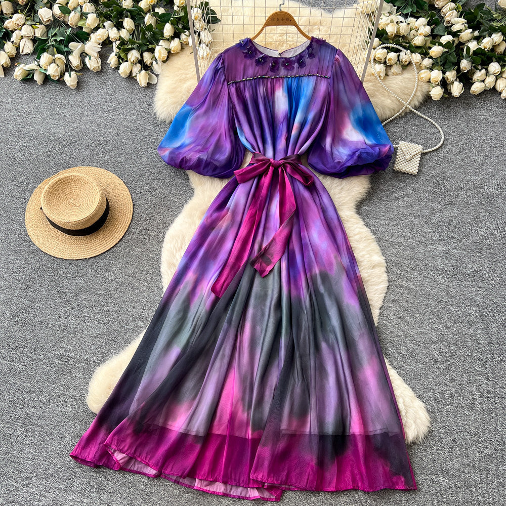 Frenchromantic style puff sleeve tie-dye dress women's summer k-style strappy waist a-line draped long skirt classy sense