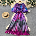 Frenchromantic style puff sleeve tie-dye dress women's summer k-style strappy waist a-line draped long skirt classy sense
