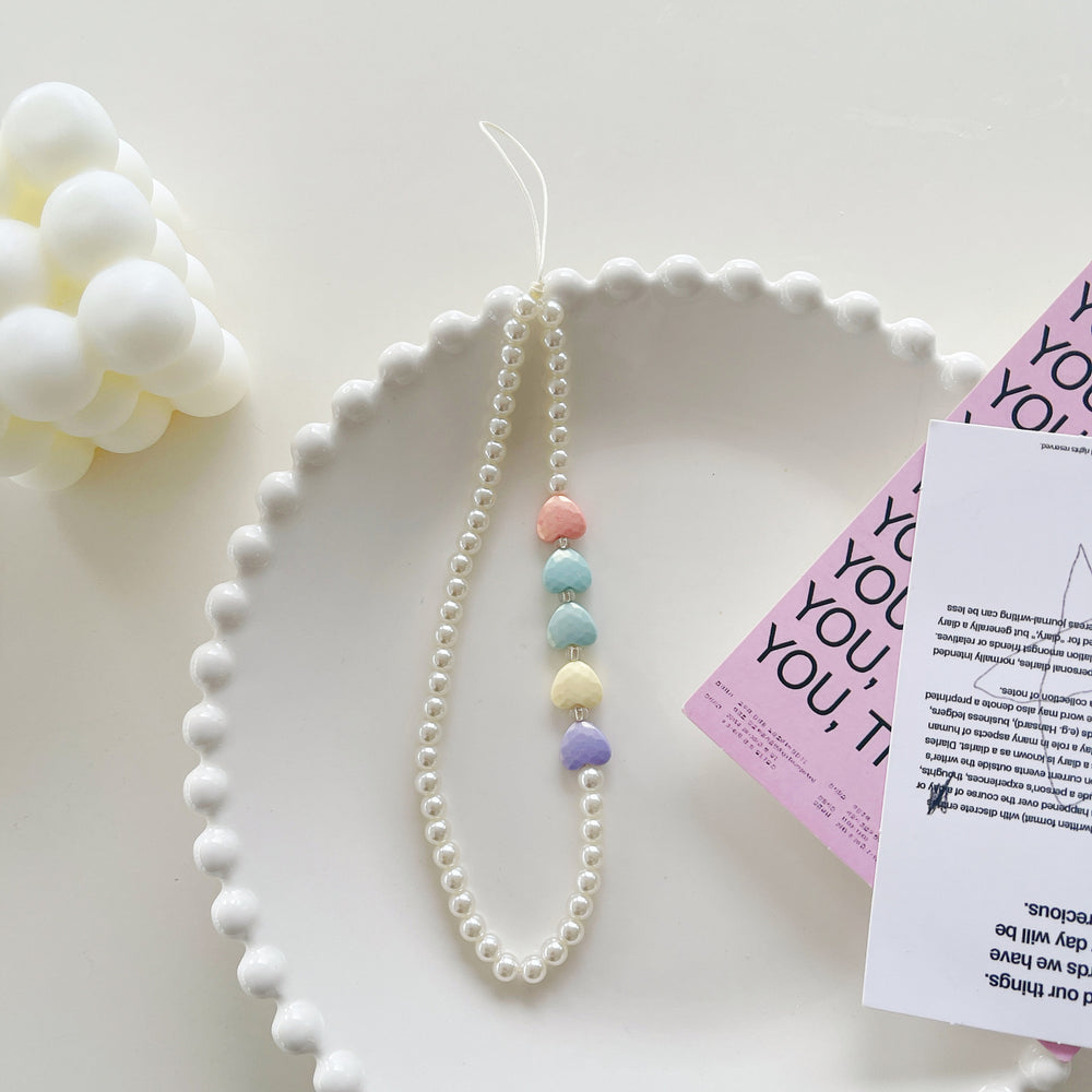Minimalist pearl white heart bracelet with gauze bow and bear charm - phone lanyard accessory