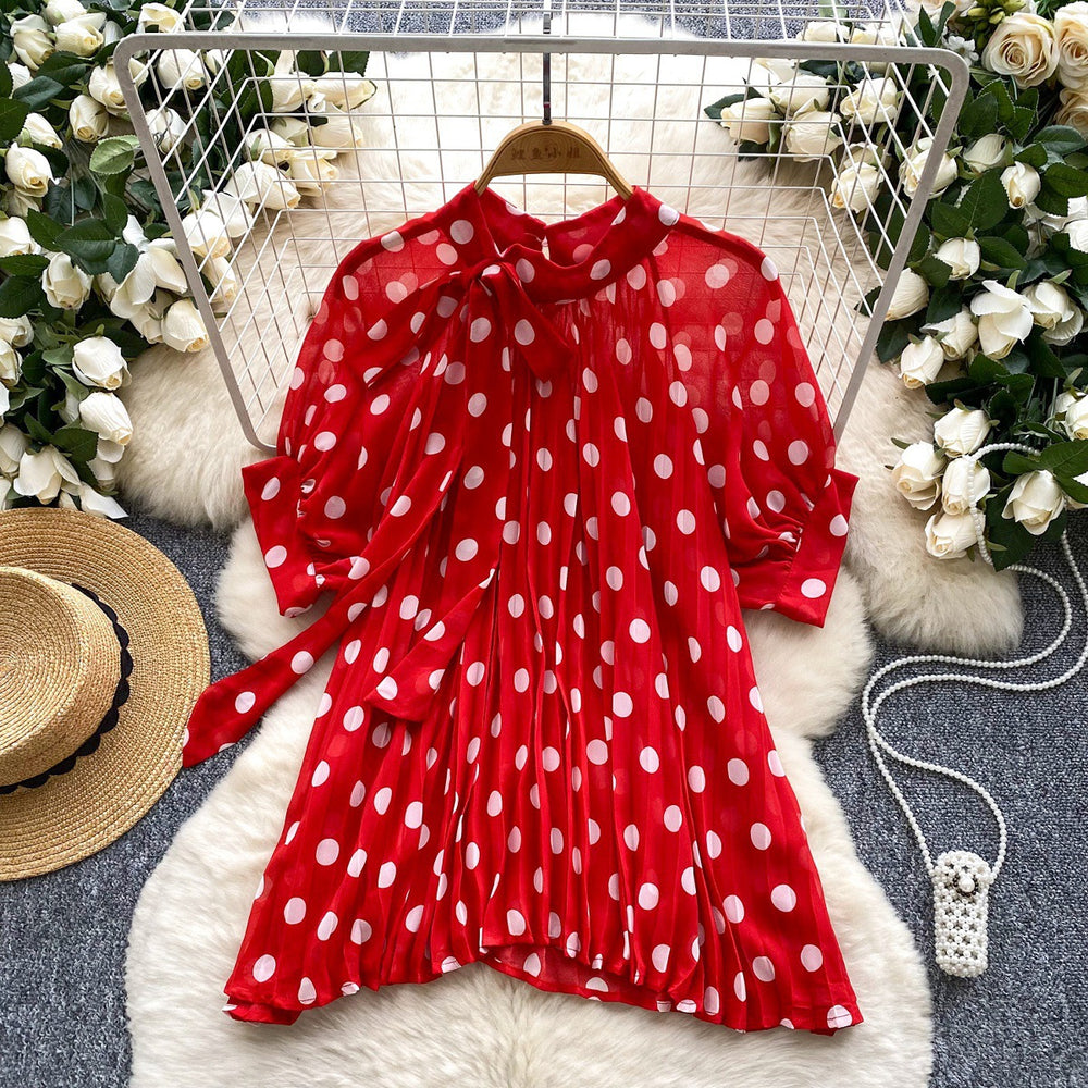 K-styleretro celebrity polka dotshirt women's summer tie loose slimming look design lightly mature queen eleganttops trendy