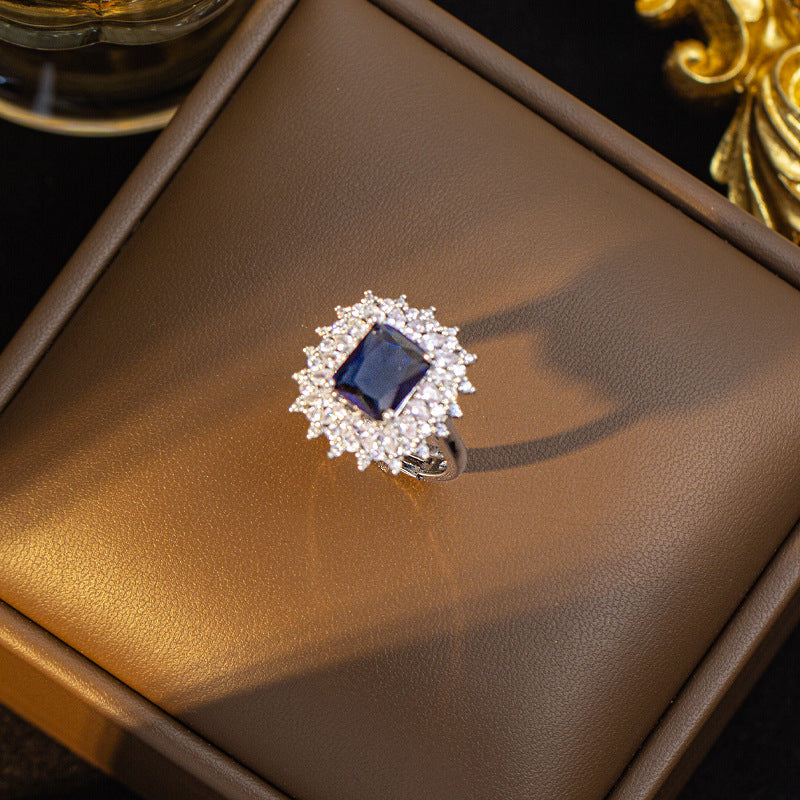 hot-selling fashion light luxury square necklace, earrings, and ring set, featuring sapphire accents. a sophisticated and versatile accessory, perfect for pairing with sweaters and other outfits