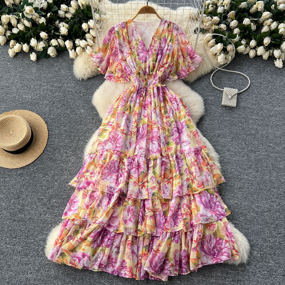 Frenchretrov neckruffle sleeve pleated floral dress women's summerhigh waistslimming look drape chiffon long skirt