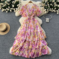 Frenchretrov neckruffle sleeve pleated floral dress women's summerhigh waistslimming look drape chiffon long skirt