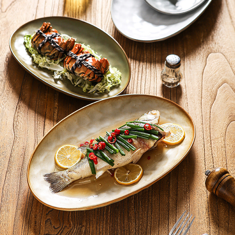 Retro stoneware oval ceramic long plate restaurant for home large capacity stylish fish plate sushi pastry dessert plate