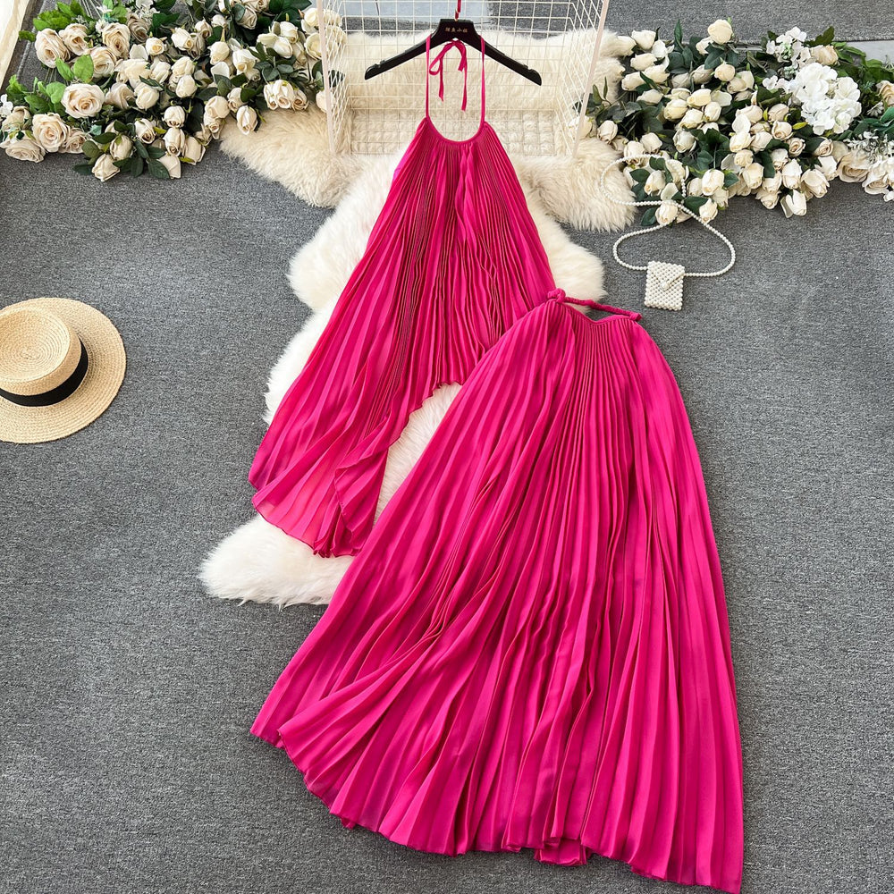Beach vacation style set for women,  new arrival: halter chiffon top with heavily pleated skirt, premium two-piece outfit