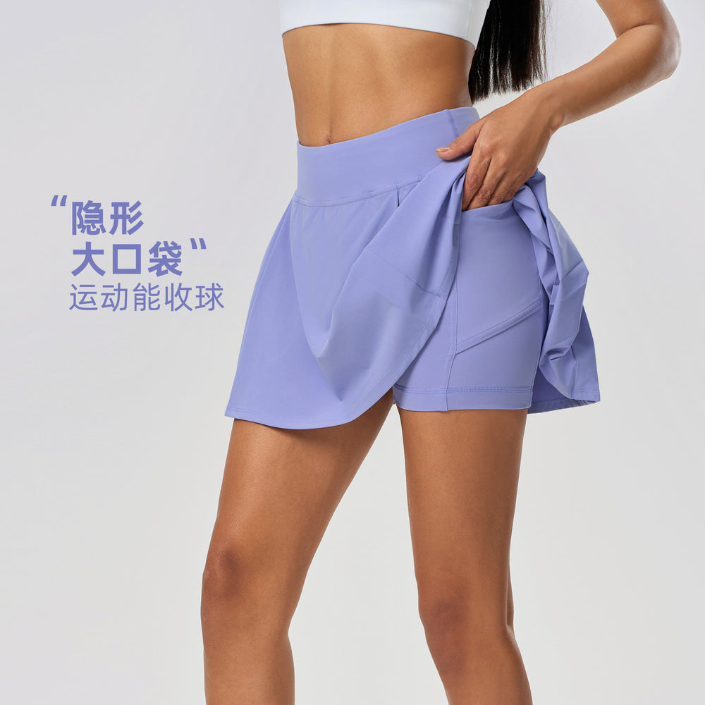 Luxtrenew arrivalpleated leg length yoga shorts skirt for women fake two-piece fashion tape tennis sports skirt dss064