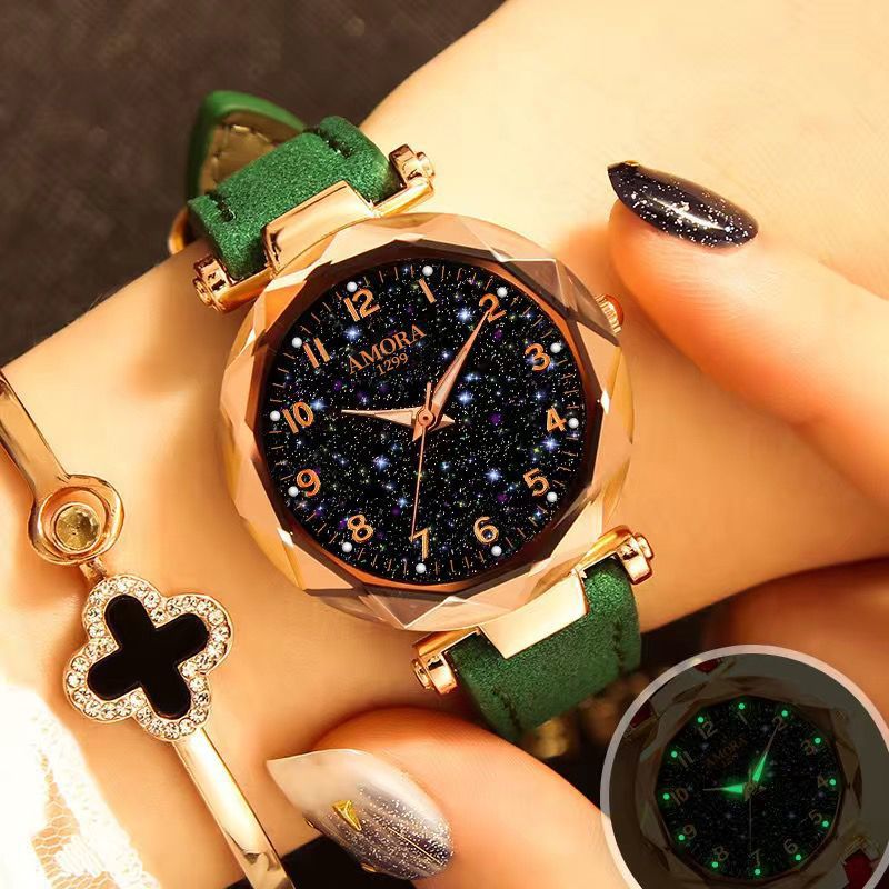 New wholesale women's watches, fashionable and trendy digital face ladies' student starry sky dial quartz wristwatch with leather strap