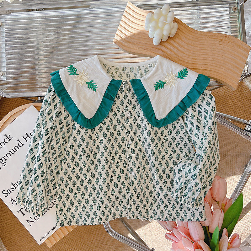 Girls' spring/autumn new long-sleeve blouse - stylish embroidered floral design, baby girl fashion, chic peter pan collar, pure cotton