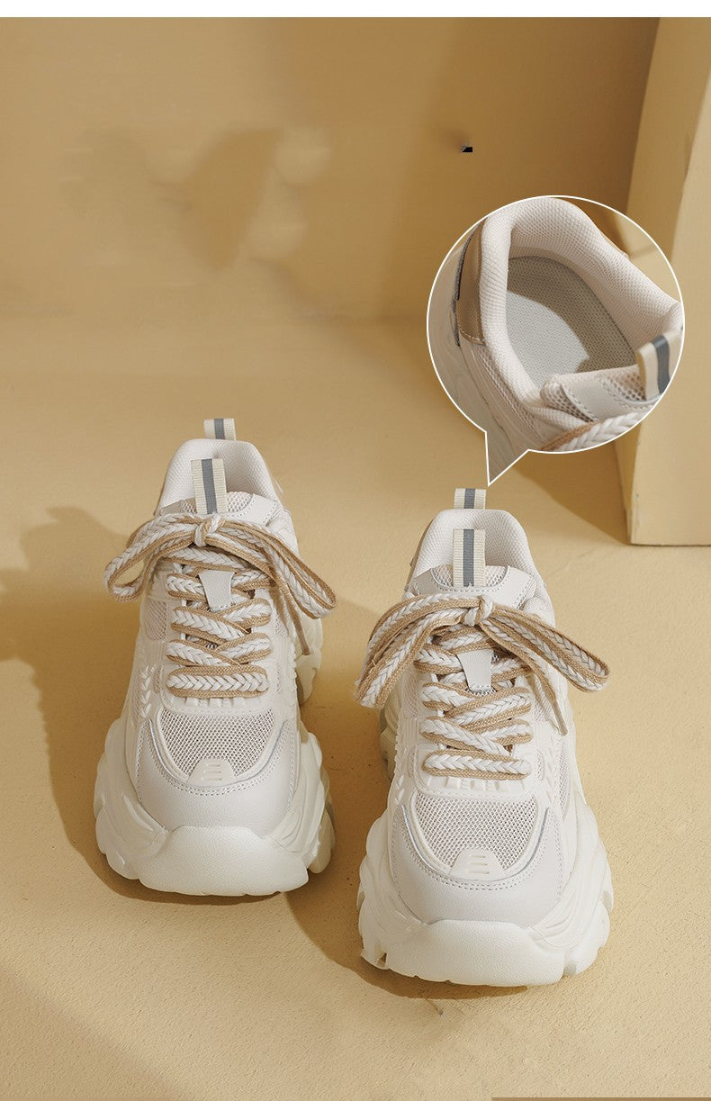 Thick sole dad shoes for women 2025new arrivalsummer mesh breathable white shoescasual sports shoes for small people heightening women's shoes