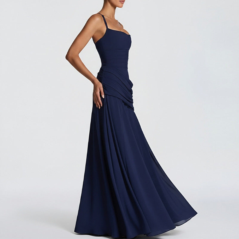 european and american export women's clothing: elegant and sexy solid color sleeveless cinched waist swing dress with spaghetti straps