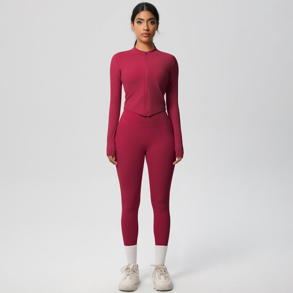 European and american quick-dry seamless zip-up workout set: high-waisted, butt-lifting yoga pants for women, perfect for outdoor running and fitness