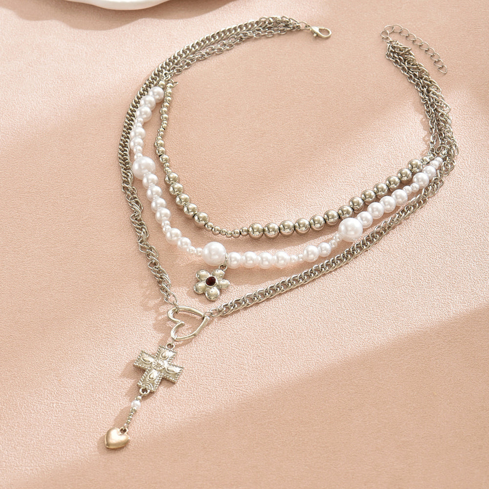 European and american cross-border trendy heavy-duty cross & heart pendant necklace, multi-layered design with floral and pearl accents
