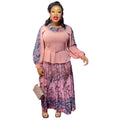 African women's plus size printed color block dress  chic commute two-piece set skirt pleated skirt set