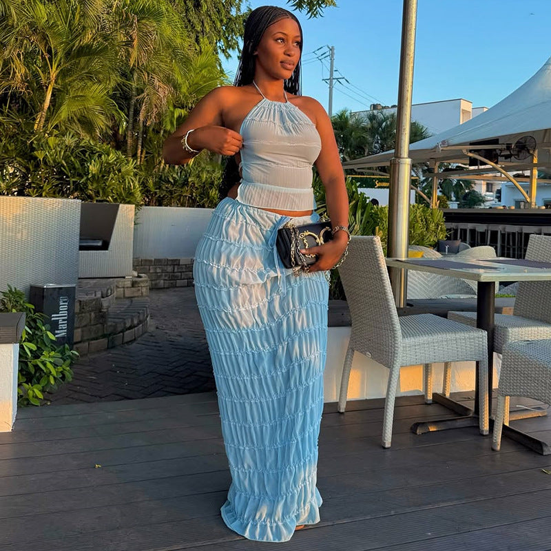 European and american cross-border women's fashion  summer new sexy blue halter top and tie-waist midi skirt set