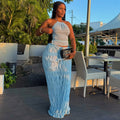 European and american cross-border women's fashion  summer new sexy blue halter top and tie-waist midi skirt set