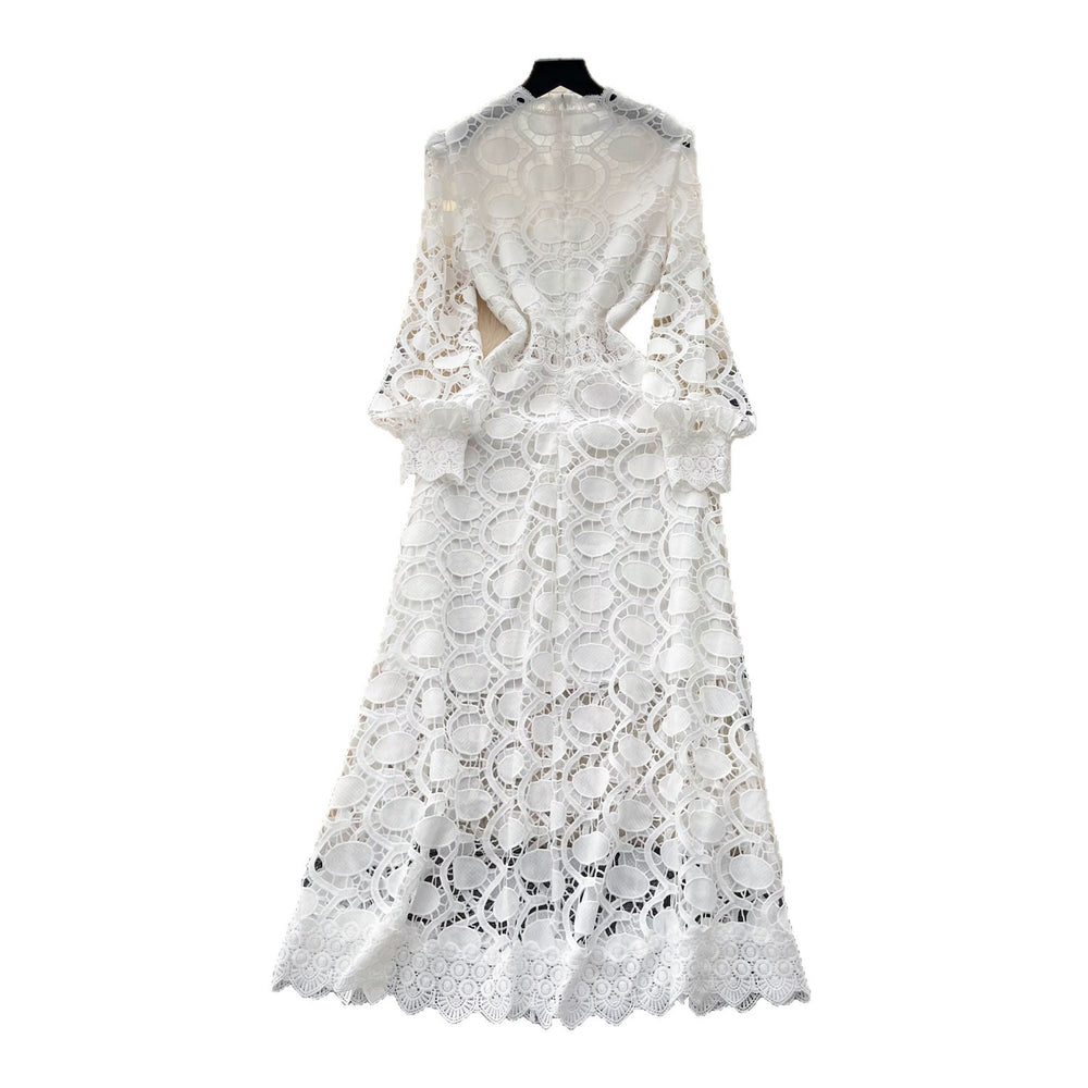 French riviera style heavy knit crochet dress - women's summer korean style white a-line dress - high-end slimming fit